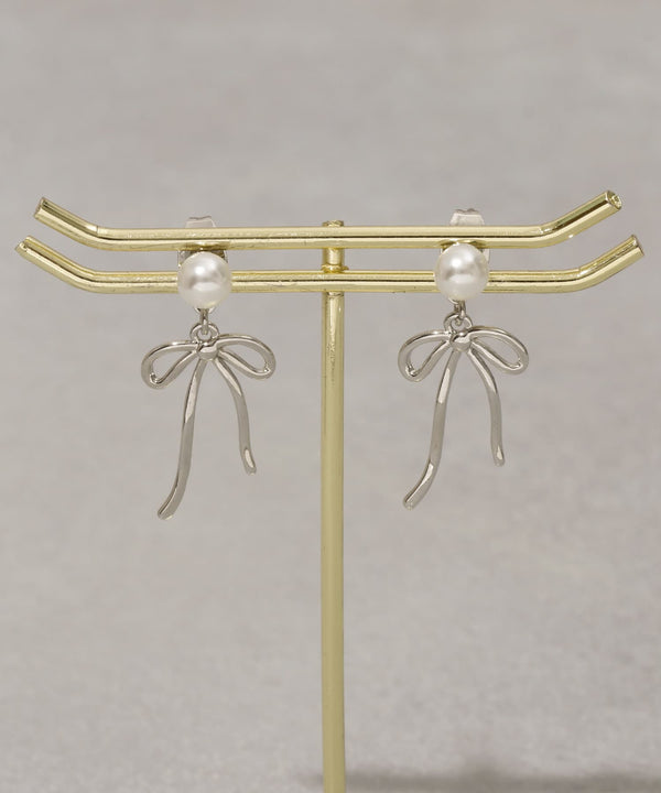 JMG250022 CO Pearl Metal Ribbon Earrings