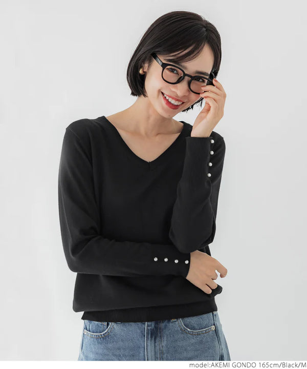 2410093 CO Pearls Sleeves Knit Top - Black