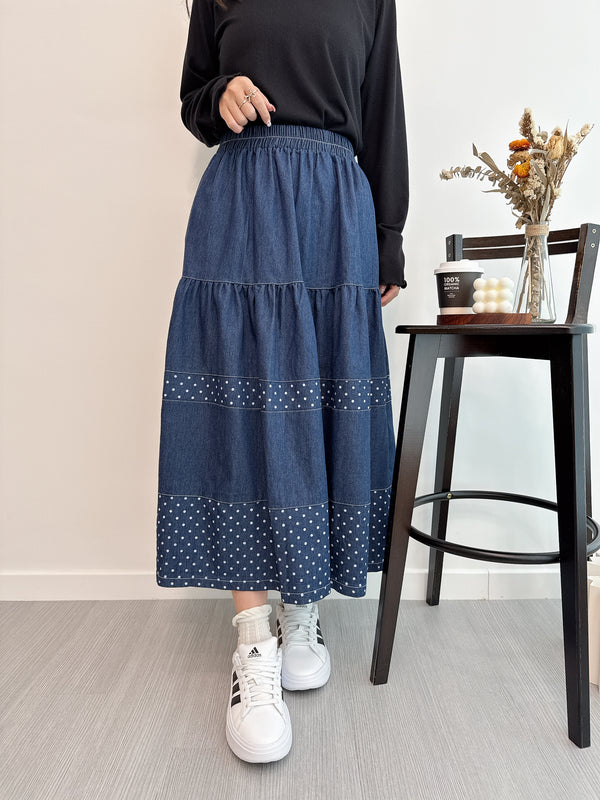 2502032 TU Dots Tiered Denim Skirt - Navy