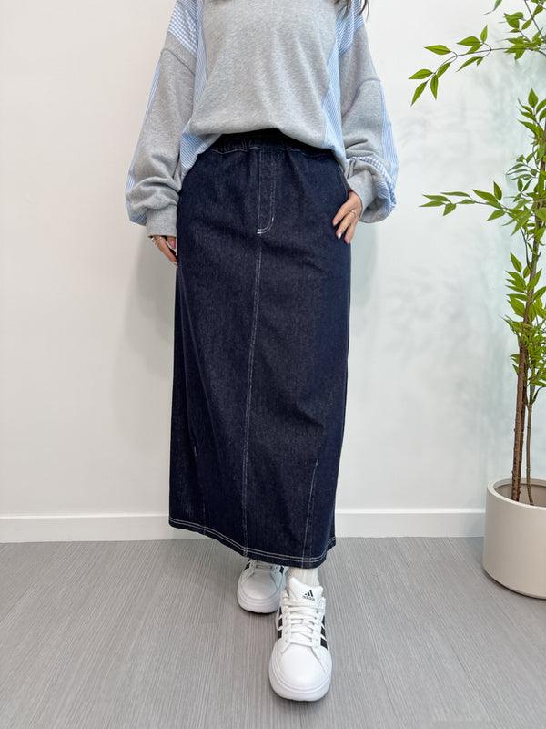 2502024 LUP Herring Bone Jacquard Denim Skirt - Navy