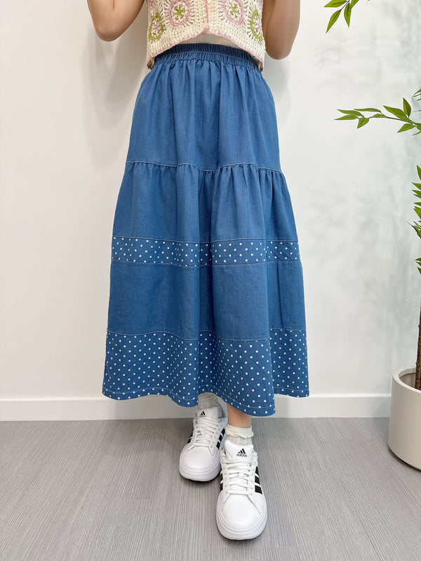 2502032 TU Dots Tiered Denim Skirt - Blue