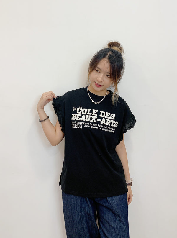 2408027 BON Lace Sleeves Logo Tee - Black