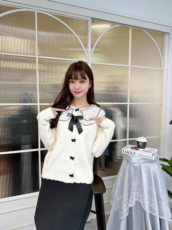 2411069 VE Polka Dot Collar Cardigan - Ivory