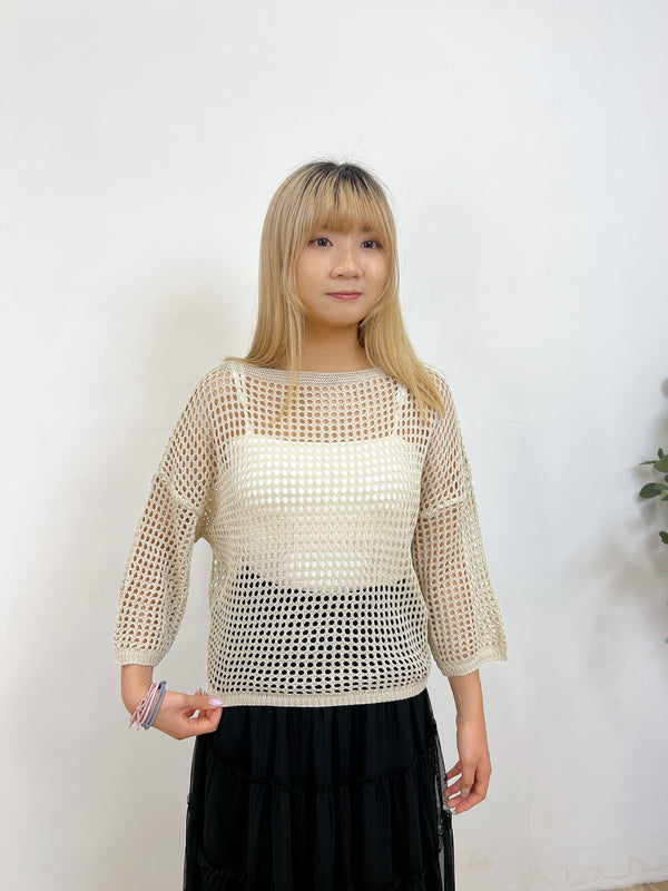 2407045 CA Mesh Knit 3/4 Sleeve Top - Ivory