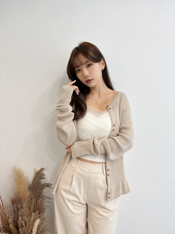 2503010 EN Ribbed Knit Button Cardigan - Beige