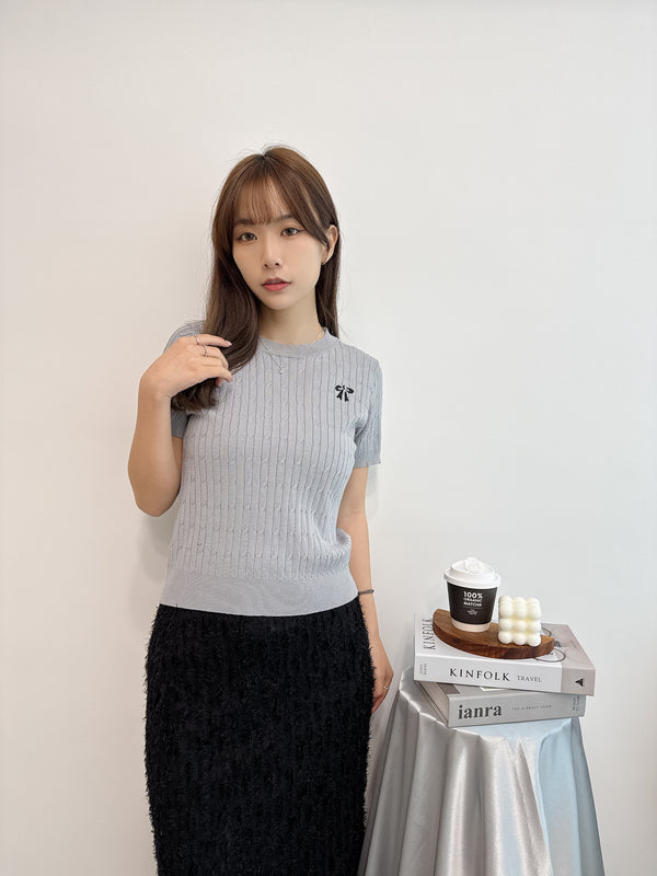 2503017 BL Ribbon Embroidery Cable Knit Top - Grey