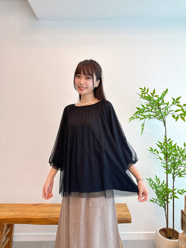 2408076 GLA 3/4 Sleeves Tulle Top - Black