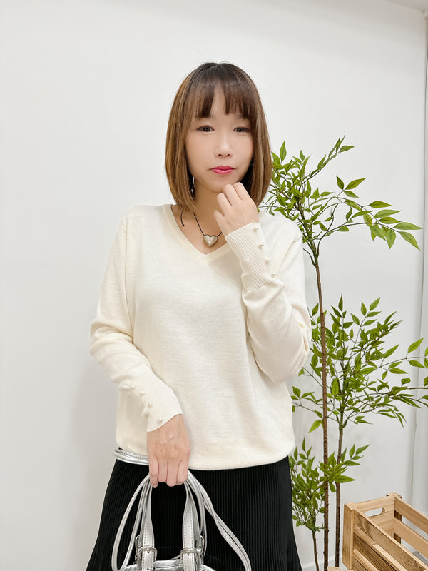 2410093 CO Pearls Sleeves Knit Top - White