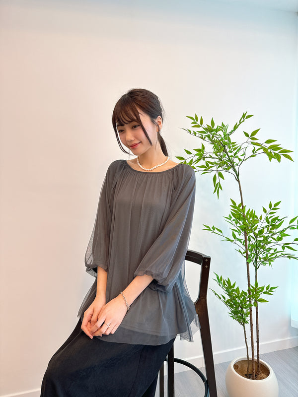 2408076 GLA 3/4 Sleeves Tulle Top - Charcoal