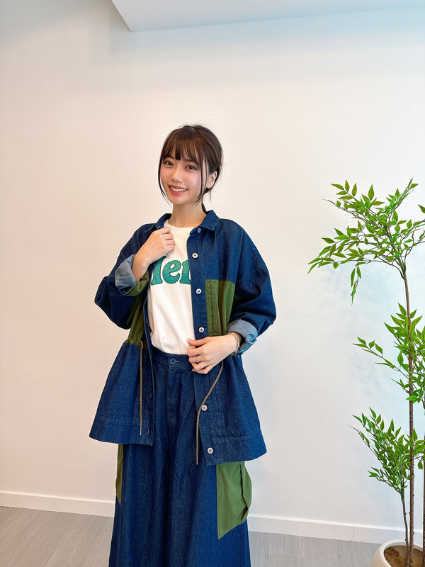 2409002 LUP Patchwork Drawstring Denim Button Jacket  - Green