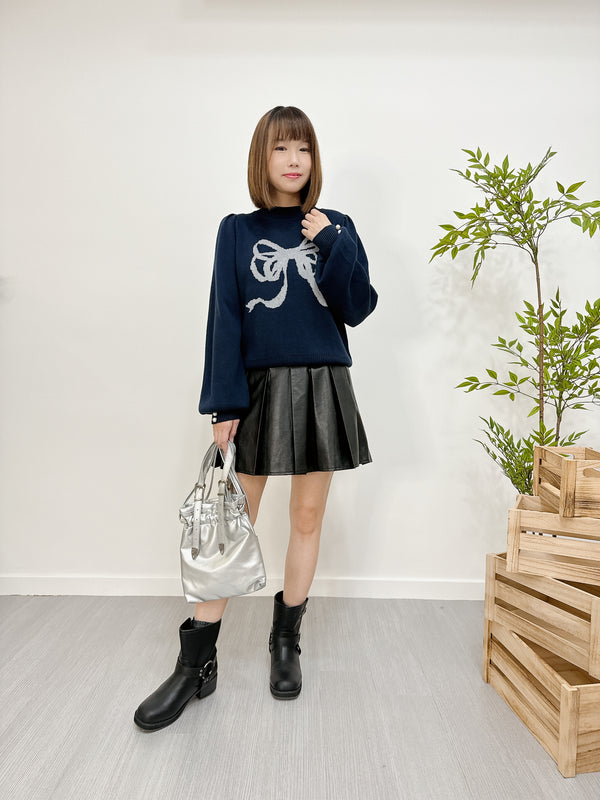 2410077 BR Ribbon Pearls Sleeves Knit Top - Navy