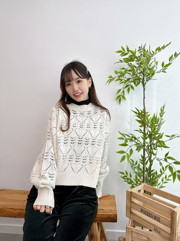 2411087 BON Logo Heart Crochet Knit Pullover - White