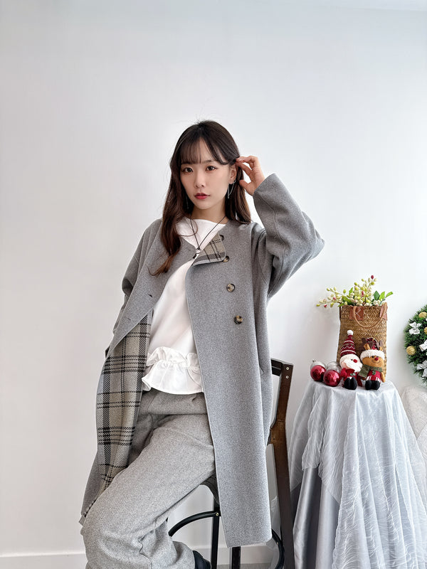 2412044 MMO Inner Checked Oversize Coat - Grey