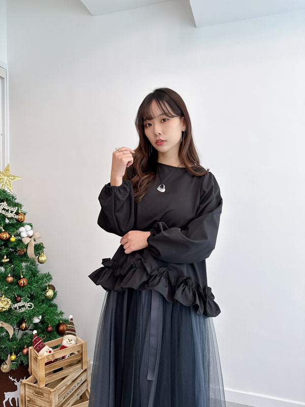 2412052 PF Ruffles Hem Blouse - Black