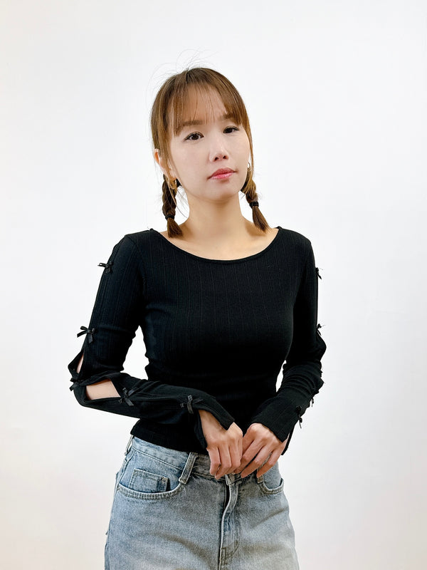 2403038 Ribbon Sleeves Rib Tee - Black