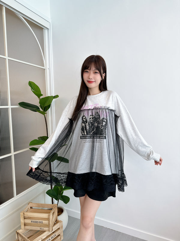 2410056	GO Tulle Layered Print Top - Grey