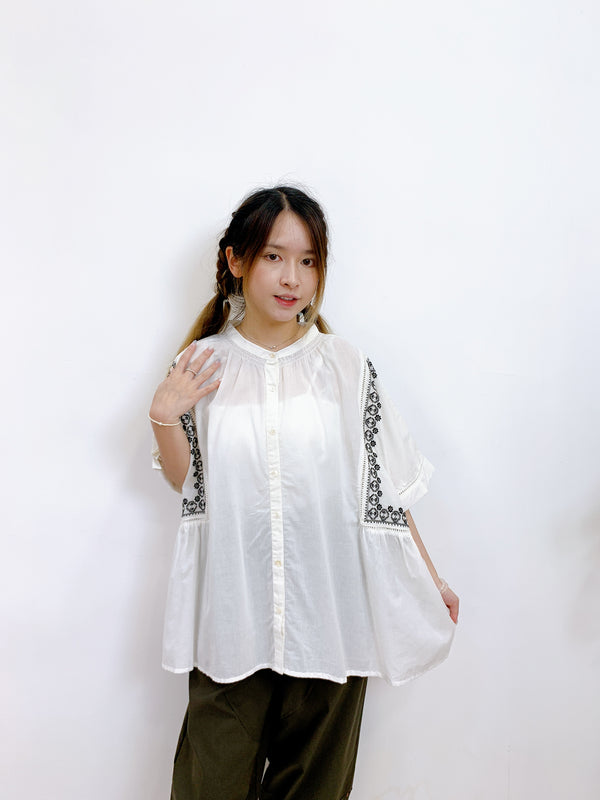 2407057 BOU Emb. Button Bat Sleeves Blouse - White