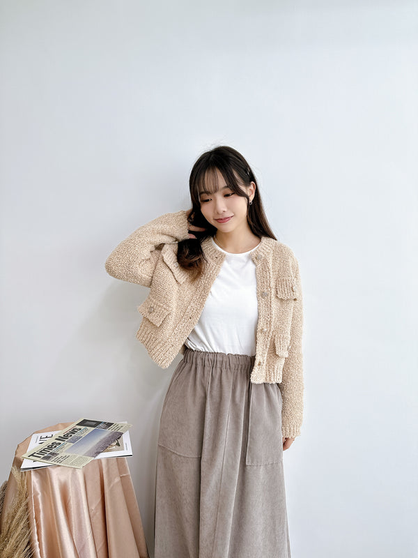 2411008 BE No-collar Knit Jacket - Beige