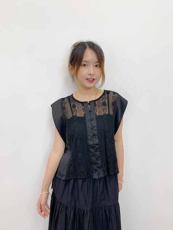 2408009 BAB Lace Button Vest - Black