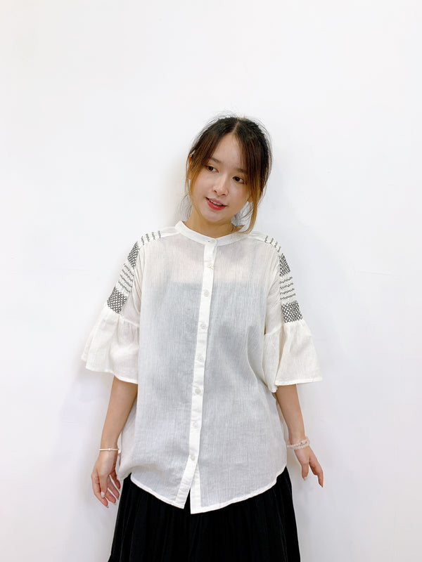 2408007 BOU Linen Embroidered  Blouse - White