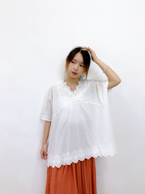 2408011 SLR V Neck Crochet Blouse - White