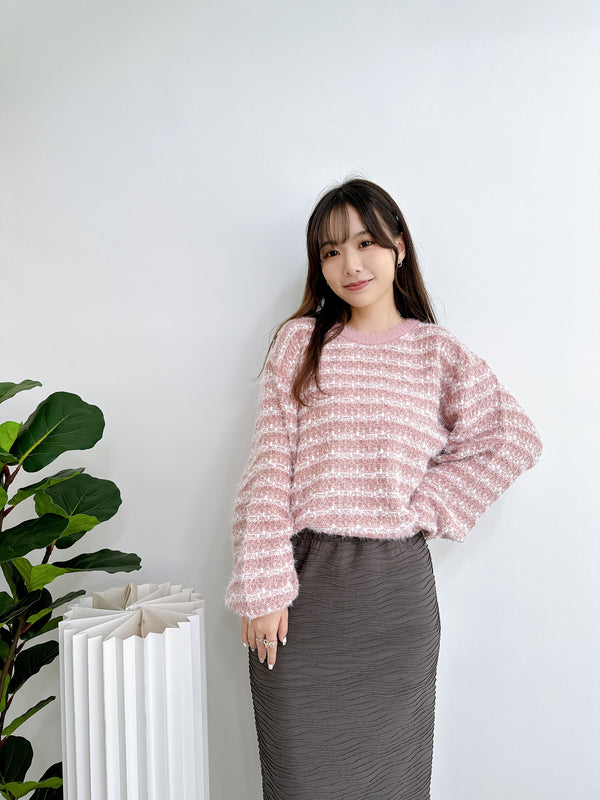 2411022 PF Shaggy Border Knit Pullover - PINK