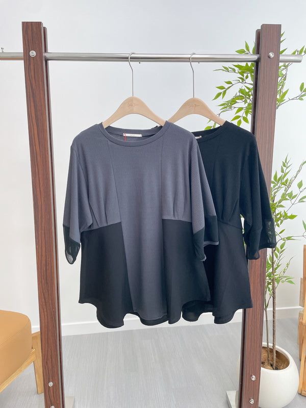 2408096 SW Back Mesh and Spliced Sleeves Top - Charcoal