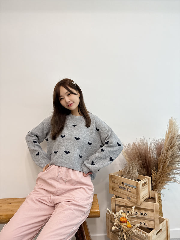 2502016 CL Heart Print Knit Top - Grey